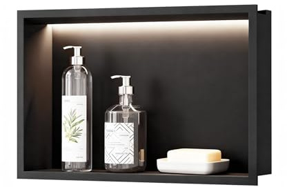 sunrik LED Wandnische Dusche, Duschnische Beleuchtung 45×30cm, Schwarz | Duschnische aus Edelstahl für Badezimmerbeleuchtung, Ablagen für wasserdichte Aufbewahrung,Keine Fliesen erforderlich