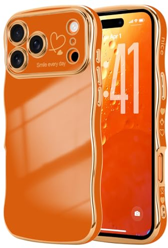 LCHULLE for iPhone 17 Pro Max Case Cute for Women Girls Wavy, Orange | Luxury Plating Curly Wave Shape Frame with Love Heart Pattern, Raised Camera Protection Back Cover Shockproof Phone Case