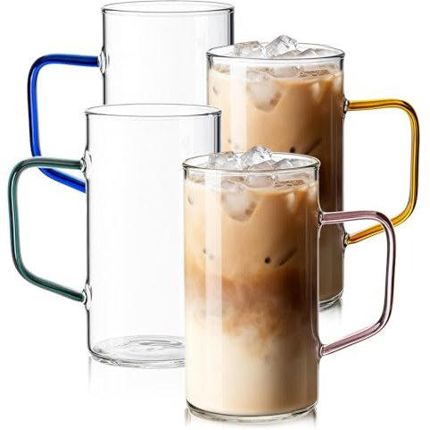 Qmibaby 500ML Glass Coffee Mugs Set of 4, 17 oz Large Clear Coffee Cups with Colorful Handles, Hand Blown & Seamless Design, Heat Resistant and Explosion-Proof, Lightweight Tea Mugs for Home,Cafe