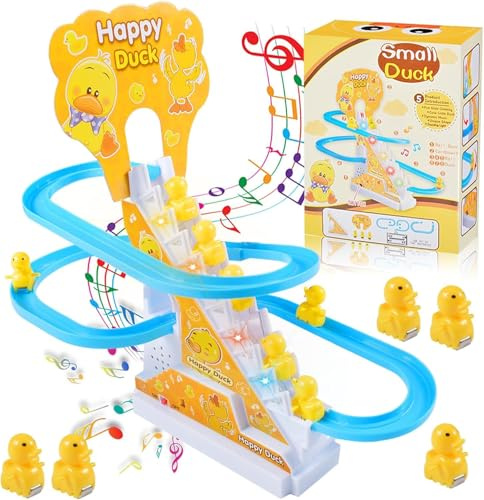 AUEJACKY 12 Stück Ente Treppensteigen Spielzeug, Enten Achterbahn, Duck Climbing Stairs Toy, Elektrische Enten Slide Track mit Licht und Musik, Geschenk für Mädchen Jungen-Ab 3 Jahre (Gelb)