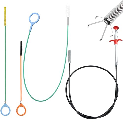 MINGBOLIN 4 Pcs Drain Unblocker Kit, Sink Snake Hair Clog Remover | Includes a 1.6 m grabber, 81 cm snake, 130 cm cleaner and 3 m flexible tool for sinks, toilets and curved pipes