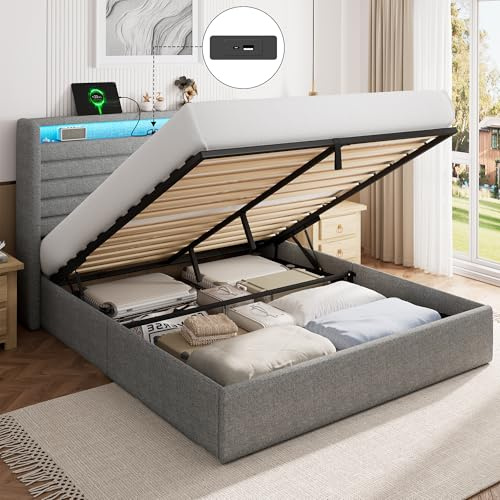 Feonase Bett 140x200 mit Stauraum, Polsterbett 140x200 cm mit LED-Beleuchtung & Ladestation, Bettgestell mit Hydraulischem und Leinen Kopfteil Stauraum, Lattenrost, Ohne Matratze, Hellgrau