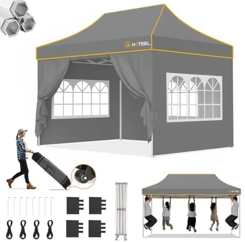 Hoteel Pavillon 3x4,5 Wasserdicht Stabil Winterfest,Verstärkter Faltpavillon mit Sechskantrohr-Gestell,Anti-UV Partyzelt Faltbar Gartenpavillon für Märkte,Tragetasche mit Rollen,4 Sandsäcke,Grau