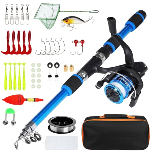 Angelset Kinder, Kinderangel Starter Set, 1.8m Teleskop Angelrute Kinder mit Angelrolle, Köder Angelschnur, Kescher und Tragetasche, Angelset Komplett Anfänger, Angel Zubehör für Kinder Erwachsene