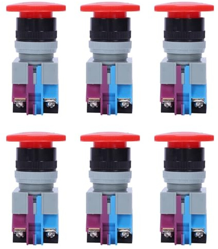 Jushenpoer 6X AC 600V 10A Rojo Interruptor de Boton Pulsador de Parada de Emergencia de Seta 22mm NO NC