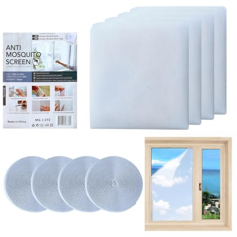 Window Netting for Insects, 4Pack Self-Adhesives Fly Screens for Windows, DIY Cut to Size Bug Mosquito Net, 130x150CM Window Screen White Window Mesh Insect Screen Curtain, Fitted to Multiple Windows