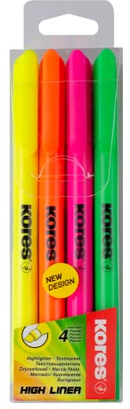 Kores - High Liner Fine: Evidenziatori a Penna Neon, Punta Fina a Scalpello con Inchiostro a Base d'Acqua, Ideali per la Scuola e per l'Ufficio, Set da 4 Colori Neon Assortiti