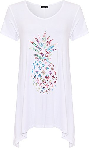 WearAll Femmes Plus Diamante Ananas Haut Dames Mouchoir Ourlet Court Manche Évasée Haut - 42-56