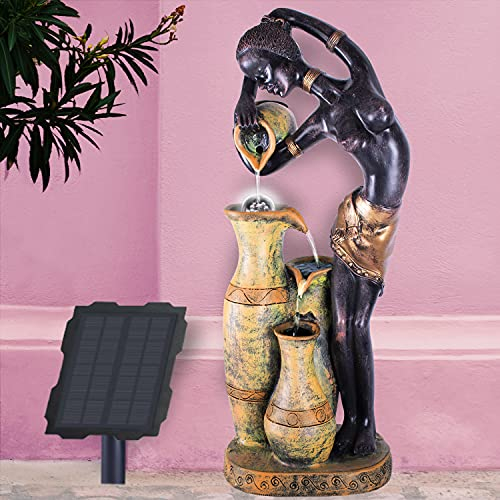 Solar Gartenbrunnen Brunnen Solarbrunnen Zierbrunnen Wasserfall Gartenleuchte Teichpumpe für Terrasse, Balkon, mit Pumpen, mit Liion-Akku (Solarbrunnen Naomi mit Led-licht)