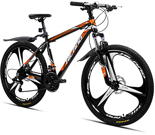 Hiland Mountain Bike, 21 Speeds Drivetrain, 3 Spokes Aluminum Frame 26 Inch Wheels, Disc-Brake Bike for Men Women Men's MTB Bicycle, Orange
