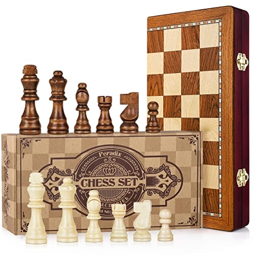 Peradix Chess Set | Magnetic Wooden Chess Board Piece Set Games | 35x35cm Folding Chessboard for Storage | 2 Extra Queen | Strategy Educational Games for Kids and Adult