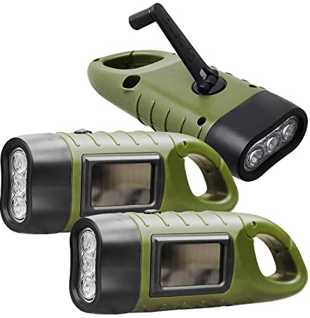 3Pcs Handkurbel Solar Betriebene Taschenlampe, Camping Notfall Wiederaufladbare Taschenlampe mit Wandern Schnalle für Outdoor-Sport