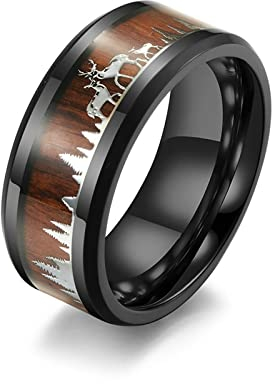 Beydodo Edelstahl Ring Herren, Ring Personalisiert 9MM mit Holz Hirsche Partnerring Schwarz Ring für Männer Größe 67 (21.3)
