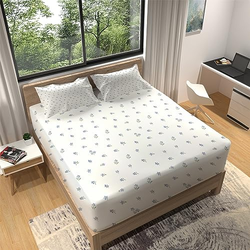 Spannbettlaken 180x200 cm, Nahtloses Muster Mit Blauen Blumen Mikrofaser Spannbettlaken für Boxspringbetten Atmungsaktiv Bettwäsche Tiefe Tasche 30 cm Spannbetttuch Mit 2 Kissenbezügen 80x80 cm