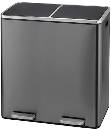 Poubelle 60 L (2 x 30 litres), Système de Tri Sélectif de Cuisine - Poubelle à Pédale en Métal à Fermeture Douce avec Couvercle Hermétique pour Cuisine (Gris)