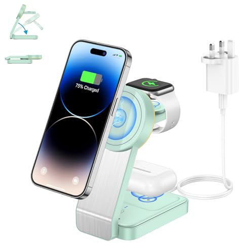 Foldable Travel Wireless Charger,ADADPU 3 in 1 Fast Charging Station for Apple Watch Series 9/8/7/6/SE/5/4/3/2,Magsafe Charger Stand for Multiple Devices iPhone 17/16/15/14/13/12 Pro Max,Airpods