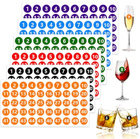 Pegatinas numeradas para copas 1–50 (2,5 cm / 1 pulgada), 6 hojas etiquetas autoadhesivas para copas de champán, boda, fiesta, bar y eventos
