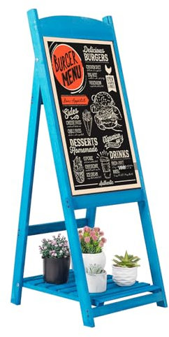 UNHO Outdoor Chalkboard Pavement Sign: Wooden A Frame Sign Board with Magnetic Blackboard Freestanding A Boards Pavement Signs with Storage Shelf, 36.5x42x105cm, Blue