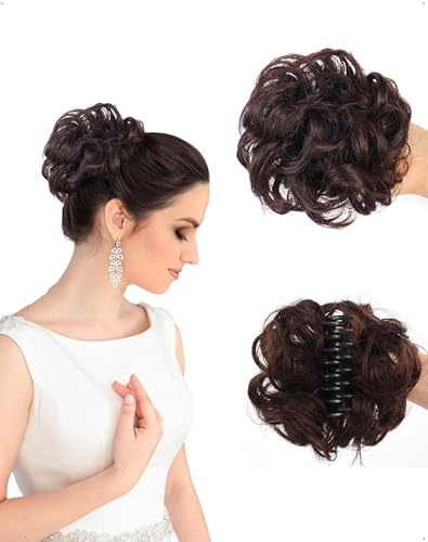 SanKristo Posticcio con Pinza Elastico per capelli Chignon spettinato Disordinato Messy Gonfio Extension naturali clip sintetici ricci Pieces Coda di cavallo ondulata Accessori finti donna, Marrone