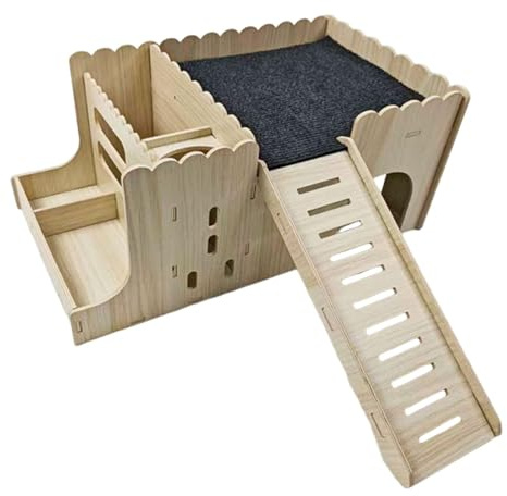 RoaQinFo Hamster Wooden House Including Sleeping Area, Hay Trough, Food Bowl And Climbing Area, Large Secure Entrance in Natural Wood, with Mat No Kettle