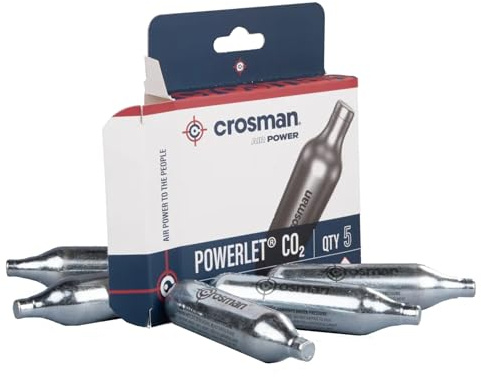 Crosman 12-Gram Powerlet CO2 Cartridges for Air Rifles and Air Pistols - 5 Count Pack - Made in USA - Metal