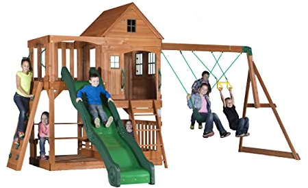 Backyard Discovery Hill Crest, Aire De Jeux en Bois | Portique Balançoire avec Mur d'escalade, Toboggan Et Balançoire, Bac À Sable | Trapèze, Jeux Exterieur, +3 Ans