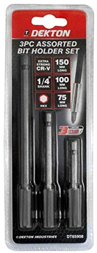 Dekton 3pc Assorted Bit Holder Set - 150mm Long | Hex Shape | Extra Strong Cr-v | 1/4 Shank | Ideal For Extending Different Screwdriver Bits, Drill, Batch Head & Screwdriver Head Conversion Uses