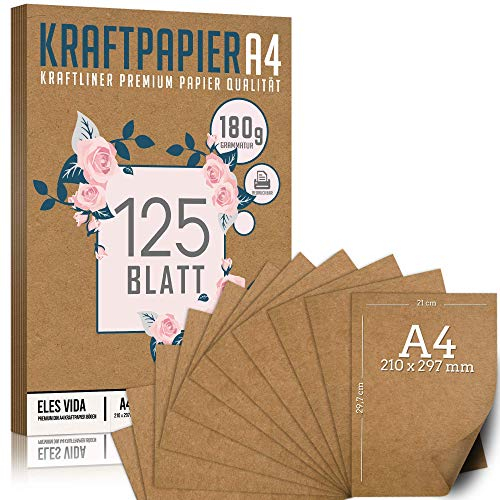 125 Blatt Kraftpapier A4 Set - 180 g - 21 x 29,7 cm - DIN Format - Bastelpapier & Naturkarton Pappe Blätter aus Kraftkarton zum Drucken, Kartonpapier Basteln für Vintage Hochzeit Geschenke Etiketten
