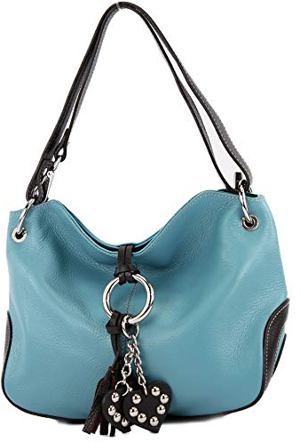 modamoda de - T10 - ital. Schultertasche Umhängetasche aus Leder, Farbe:Pastellblau/Dunkelbraun