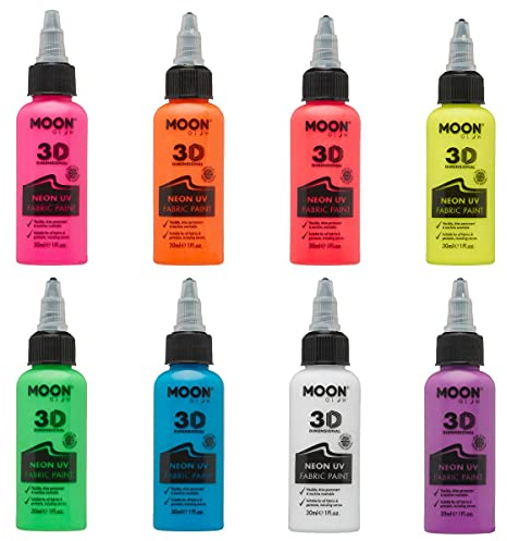 Moon Glow Pintura para tela Neon UV 3D - Pintura textil para ropa, camisetas, bolsos, zapatos y lienzos Multicolor 30 ml (Paquete de 8)