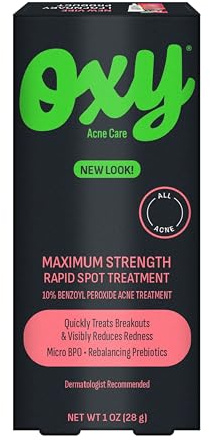Oxy Rapid Acne Spot Treatment For Face & Body, Maximum Strength 10% Benzoyl Peroxide Acne Blemish Cream Medication for Acne and Blackheads, Prebiotic Pimple Cream for Acne Prone Skin Care, 1 oz