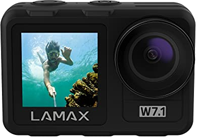 Lamax W7.1 REAL 4K 30fps Action Cam mit Stabilisierung, Unterwasserkamera, Camcorder mit Dual Display und 16 Zubehörteilen, Wi-Fi, Zeitlupe
