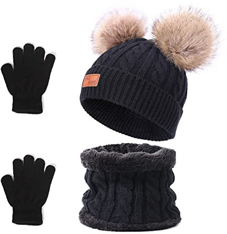 Balakaka Kinder Wintermütze Schal Handschuhe Set, 3 in 1 Dicke Warme Strickmütze Beanie Hüte mit Bommel, Thermo Fleece Baby Halstuch Mütze Set Winter für Mädchen Jungen 2-8 Jahre