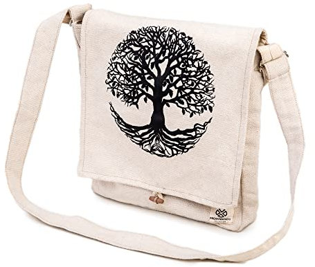 Freakmandu, borsa a tracolla in canapa, con albero della vita, unisex, realizzata a mano in Nepal, bianco