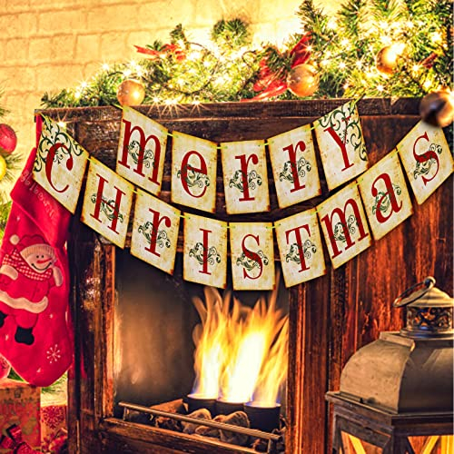 Weihnachtsdeko—Frohe Weihnachten Banner,Vintage Xmas Dekorationen viktorianischen Stil Weihnachten Bunting Banner Weihnachtsdekorationen für Haushalt Party Kamin Mantel Dekoration Weihnachtsdeko innen