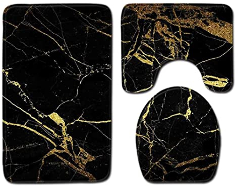 Badmatten Nicht-schlupf 3-teilige Toilettenmatte Set, Badematte + Sockelmatte + Toilettensitz Abdeckungsmatte Deckel Weiche Polyester Badezimmer Teppichteppich (50 X 80 Cm, Schwarzes Gold), Marmor