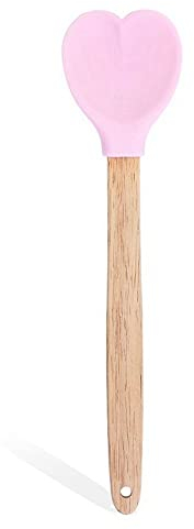 Heart-Shaped Silicone Stirring Spoon Ice Cream Scoop with Wooden Handle Heat Insulation Nonstick Baking Stick(Pink)