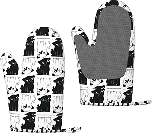 Ofenhandschuhe Pug Squared Schwarz-Weiß-Silikon-Ofenhandschuhe Anti-Rutsch-Kochhandschuhe, hitzebeständige Backhandschuhe EIN Paar