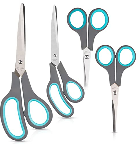 4 teiliges Scheren Set [aus rostfreiem Edelstahl mit ergonomisch, rutschfesten Griffen] Scherenset für Haushalt, Küche und Büro – Universalscheren-Set mit weichem Griff und scharfen Klingen