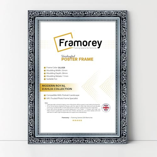 FRAMOREY Dahlia Ornate Effect Picture Frame, 90x60 CM Size Silver Photo Frame, Traditional Wall Art Poster Frames, Photo Print Frame