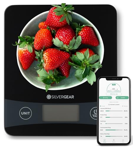 Silvergear® Küchenwaage Digital mit App bis 5 Kg | Ektronische Küchenwaage mit Tara Funktion | Digitale Küchenwaage Kalorienzähler |Präzise Messgenauigkeit bis 0,1g | Beleuchtete LCD-Display | Schwarz