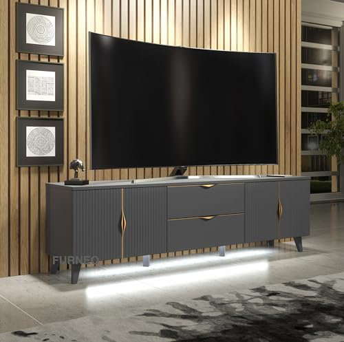 Furneo Azzurro 10G – Grey TV Stand Cabinet, 180 cm, Brushed Gold Handles, White LED Lights