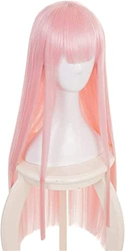 Wig Anime Cosplay Anime DARLING In The FRANXX Cosplay Perücke In The Zero Two 002 Cosplay Perücke mit Hörnern Stirnband und Perückenkappe, rosa Perücke mit langen geraden Pony
