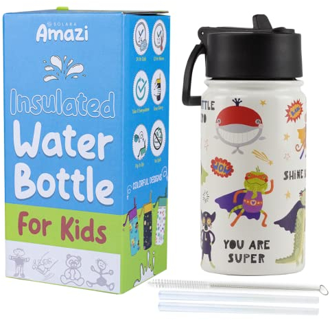 SOLARA Borraccia per bambini, bottiglia termica per bambini, 450 ml, borraccia per bambini per ragazze | Caldo e freddo per viaggi, casa, scuola | Animal Heroes