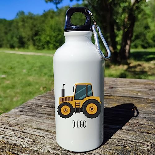 Generico Borraccia Bambini Personalizzata con nome - Bambino - Bambina- Scuola - Sport -400ml - Tempo Libero - Bottiglia in alluminio con moschettone (trattore)