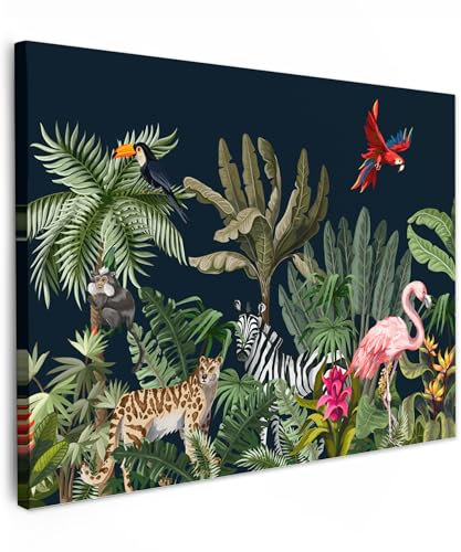MuchoWow© Impression sur Toile Peinture 70x50 cm Tableau Mural Decoration Salon Reproductions de Tableaux Murale Moderne Chambre enfant - Jungle - Plantes - Animaux - Flamant - Zèbre