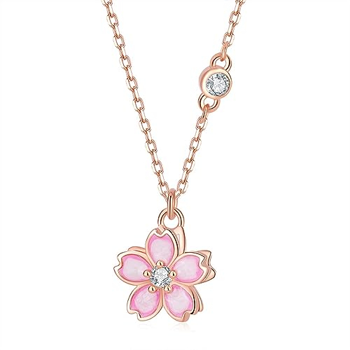 Belons Collier Sakura en argent sterling 925 avec pendentif en forme de fleur de cerisier en émail et oxyde de zirconium pour filles et enfants, Argent sterling Zircone cubique Argent sterling Zircone