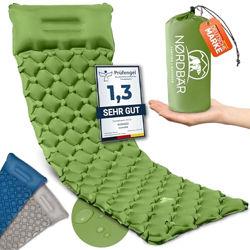 NORDBÄR® Camping Isomatte aufblasbar & Ultraleicht [mit oder ohne Kissen]| Iso Luftmatratze kleines Packmaß für Camping, Outdoor & Zelten | Campingmatte, Schlafmatratze, Reisematratze