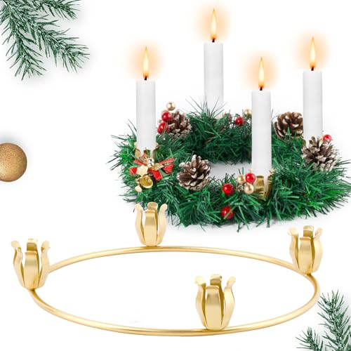 BOFUNX Adventskranz Kerzenhalter Weihnachten Gold Ø21.5cm Stabkerzenhalter Kerzenständer Advent für Weihnachtskranz aus Metall für Weihnachts Tischdeko Weihnachtsdeko