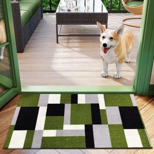 B&B Kilas Non-Slip Washable Doormat, Heavy Duty Welcome Dirt Trapper, Water Absorbent Floor Mat for Indoor, Front Entrance, and Kitchen (Green Black, 50 x 80 cm)